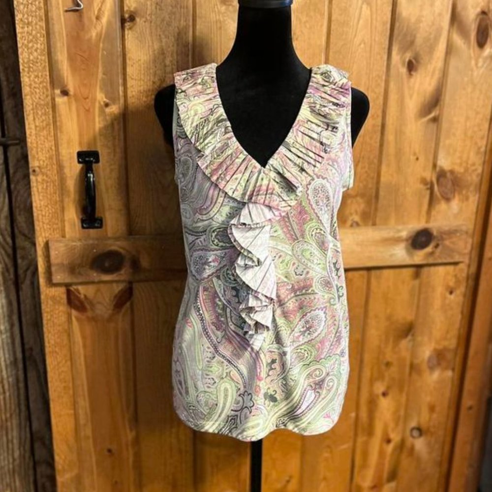 Talbots size Small.  Sleeveless, ruffled, paisley top. 2417.